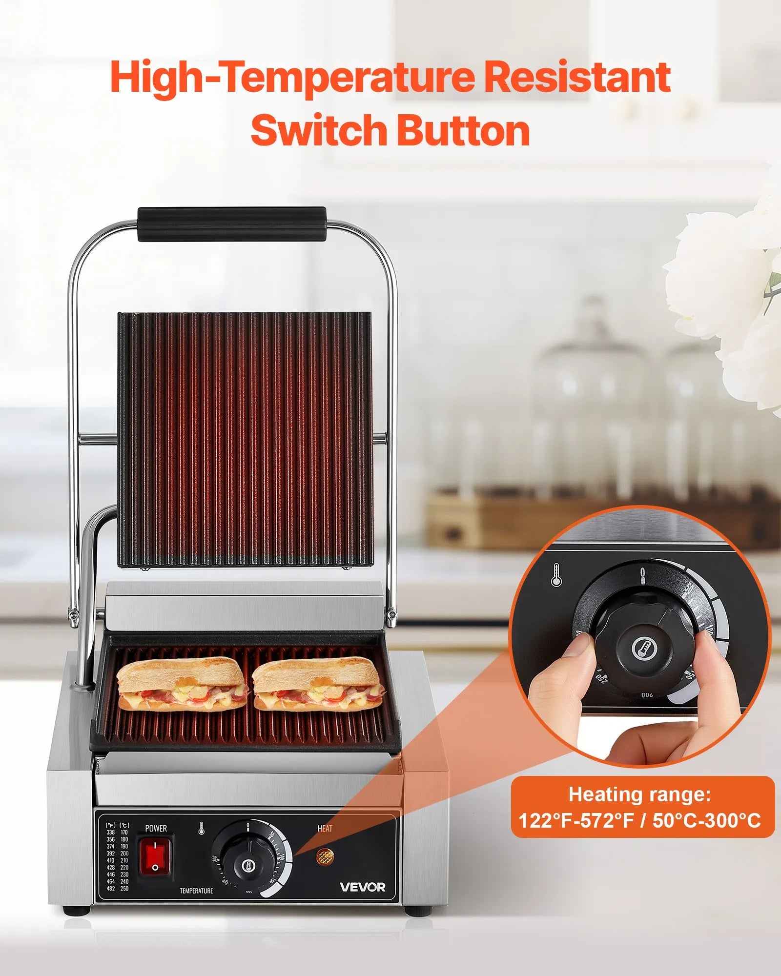 Komerciālais Panini grils 1800W, elektriskā sviestmaižu prese, nerūsējošais tērauds, temperatūras regulēšana, 22×23 cm plakana emaljas plate
