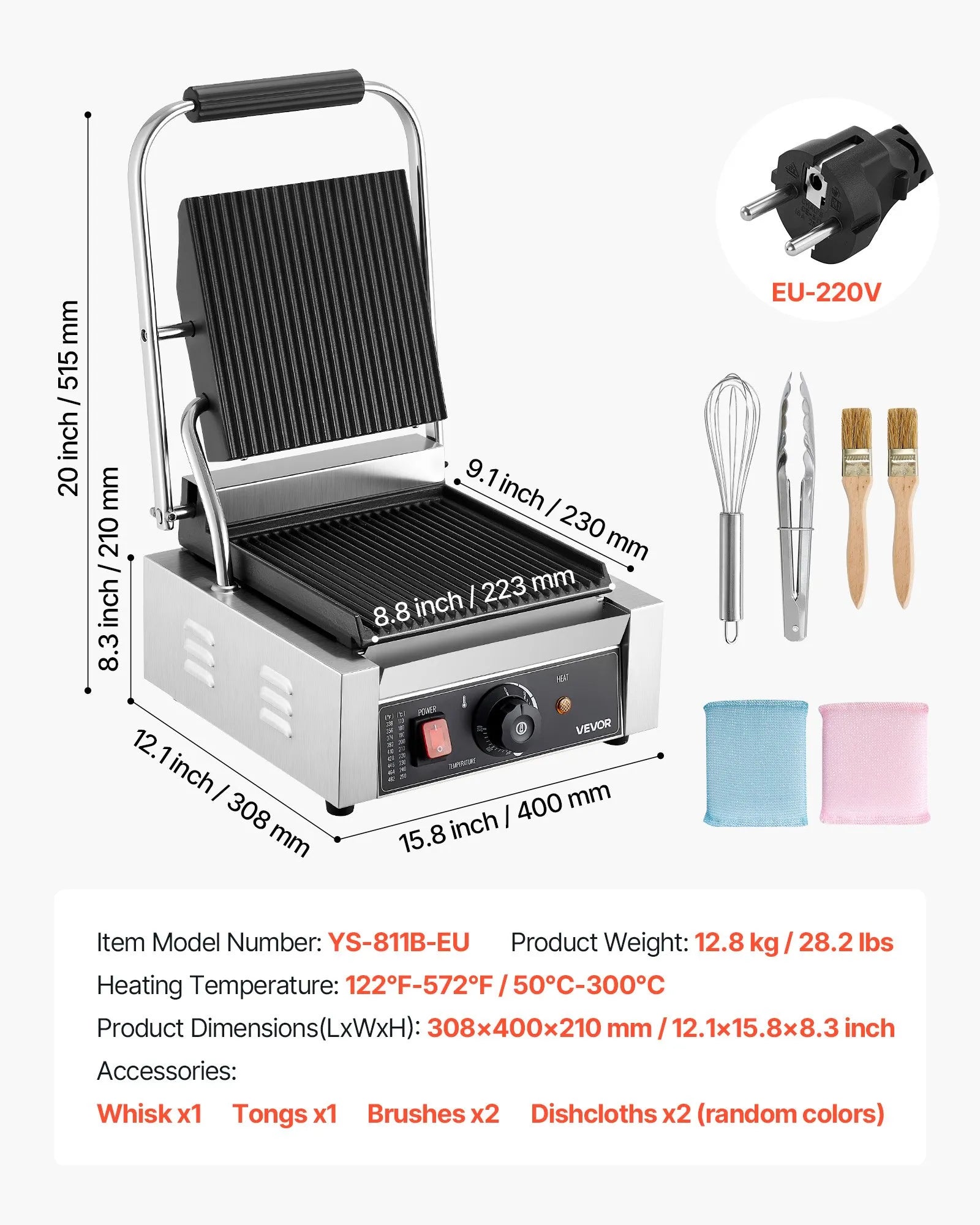 Komerciālais Panini grils 1800W, elektriskā sviestmaižu prese, nerūsējošais tērauds, temperatūras regulēšana, 22×23 cm plakana emaljas plate