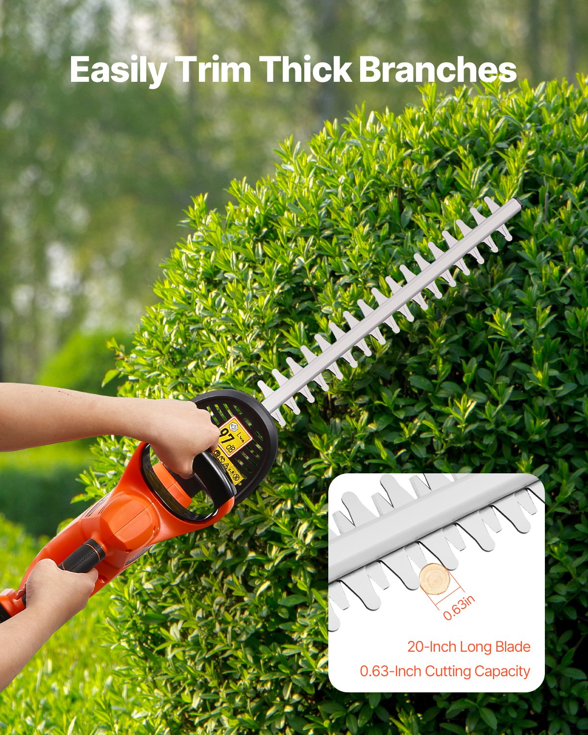VEVOR bezvadu elektriskais dzīvžoga trimmeris, 20 V, 2 Ah akumulators, 510 mm divvirzienu asmens