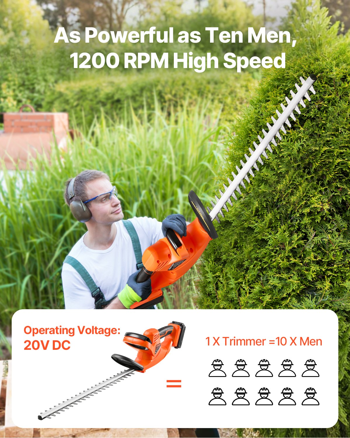 VEVOR bezvadu elektriskais dzīvžoga trimmeris, 20 V, 2 Ah akumulators, 510 mm divvirzienu asmens