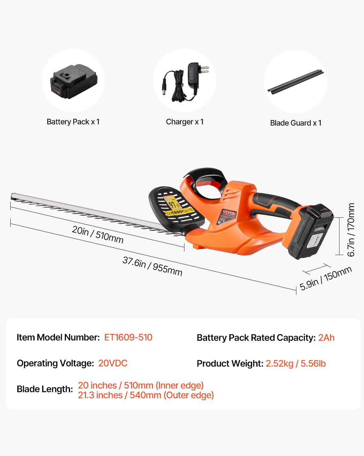 VEVOR bezvadu elektriskais dzīvžoga trimmeris, 20 V, 2 Ah akumulators, 510 mm divvirzienu asmens