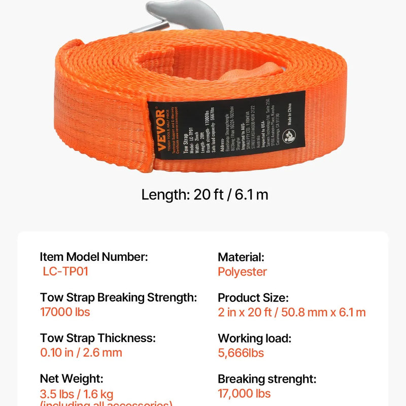 VEVOR Vilkšanas troses siksna 7 711 kg 6,1 m ar 2 āķiem