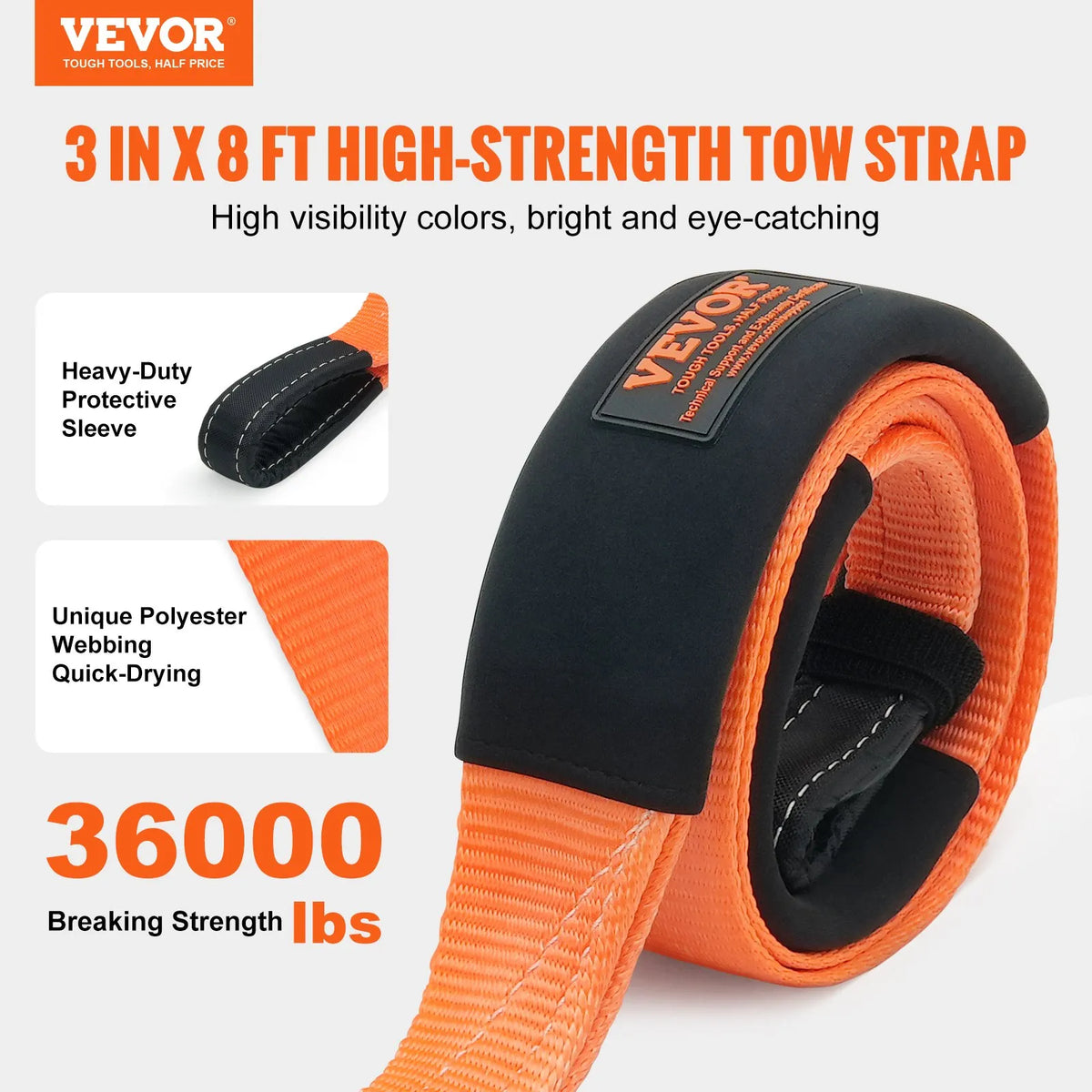 Auto vilkšanas troses/siksnas virve 7,6 cm × 2,4 m, pārrāvuma izturība 16,3 t, trīskārši pastiprinātas cilpas, koku aizsargs, vinčas pagarinājuma siksna, bezceļu vilkšanai un atgūšanai, izturīga ekstremālos laikapstākļos