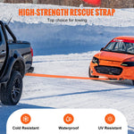 Auto vilkšanas troses/siksnas virve 7,6 cm × 2,4 m, pārrāvuma izturība 16,3 t, trīskārši pastiprinātas cilpas, koku aizsargs, vinčas pagarinājuma siksna, bezceļu vilkšanai un atgūšanai, izturīga ekstremālos laikapstākļos