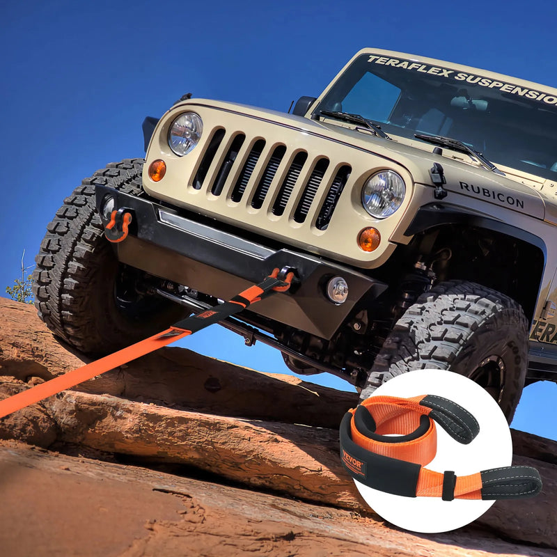 Auto vilkšanas troses/siksnas virve 7,6 cm × 2,4 m, pārrāvuma izturība 16,3 t, trīskārši pastiprinātas cilpas, koku aizsargs, vinčas pagarinājuma siksna, bezceļu vilkšanai un atgūšanai, izturīga ekstremālos laikapstākļos