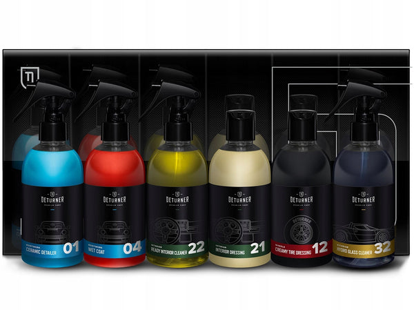 DETURNER DETAILING SET - Car care set 6x250ml. The set includes interior cleaner, interior protector, tire polish, ceramic wax, glass cleaner and nano wax 