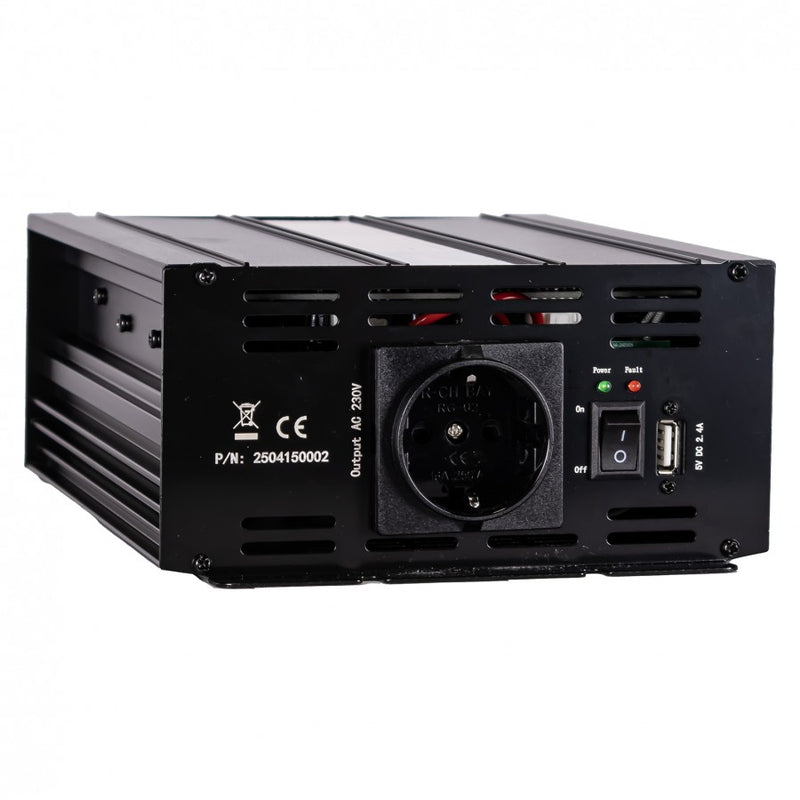 KAMAR sprieguma pārveidotājs 12V DC uz 230V AC, 1000W nepārtrauktā jauda, 2000W īslaicīgā jauda, efektivitāte >85%, akumulatora pieslēguma kabeļi, 2 gadu garantija