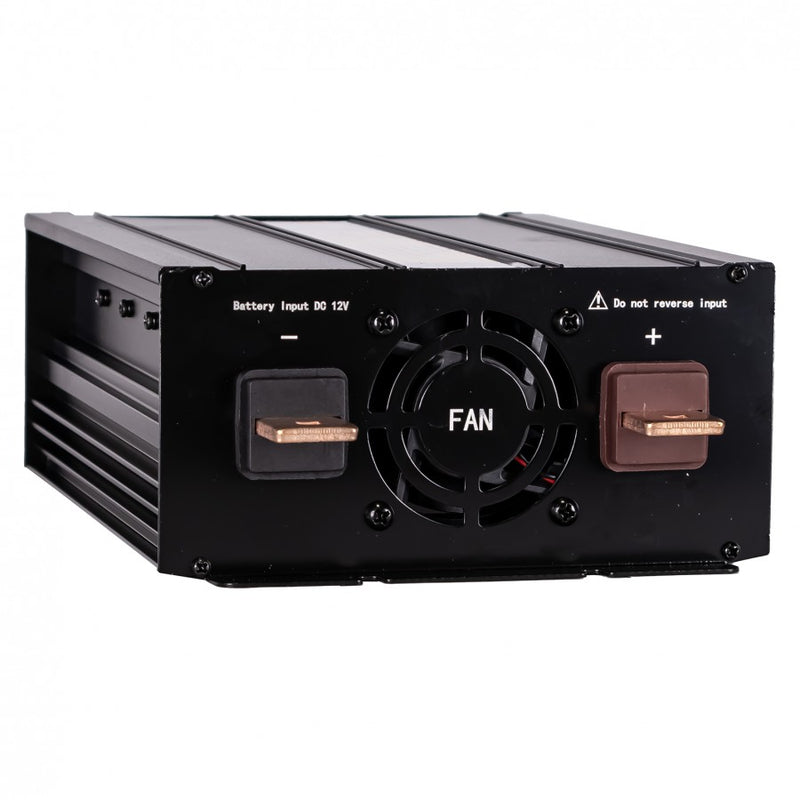KAMAR sprieguma pārveidotājs 12V DC uz 230V AC, 1000W nepārtrauktā jauda, 2000W īslaicīgā jauda, efektivitāte >85%, akumulatora pieslēguma kabeļi, 2 gadu garantija