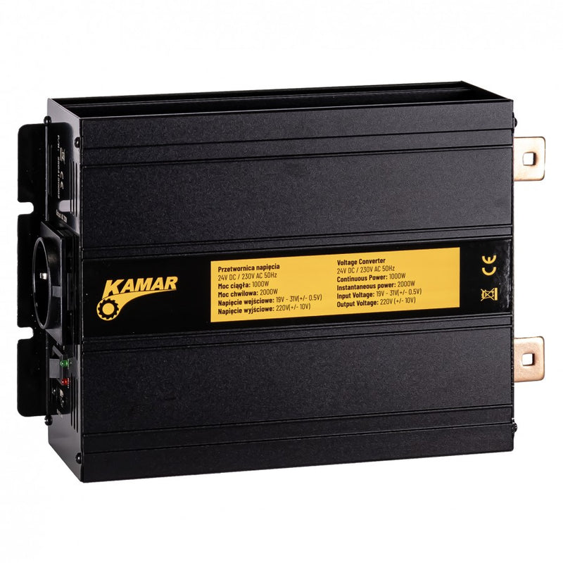 KAMAR sprieguma pārveidotājs 24V uz 230V, 1000W nepārtrauktā jauda, 2000W īslaicīgā jauda, efektivitāte >85%, akumulatora kabeļu komplekts, 2 gadu garantija