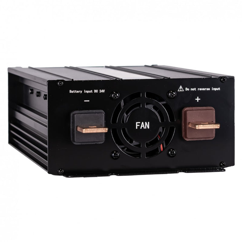 KAMAR sprieguma pārveidotājs 24V uz 230V, 1000W nepārtrauktā jauda, 2000W īslaicīgā jauda, efektivitāte >85%, akumulatora kabeļu komplekts, 2 gadu garantija