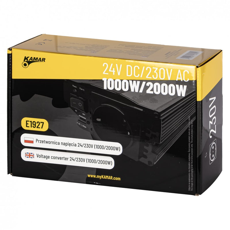 KAMAR sprieguma pārveidotājs 24V uz 230V, 1000W nepārtrauktā jauda, 2000W īslaicīgā jauda, efektivitāte >85%, akumulatora kabeļu komplekts, 2 gadu garantija