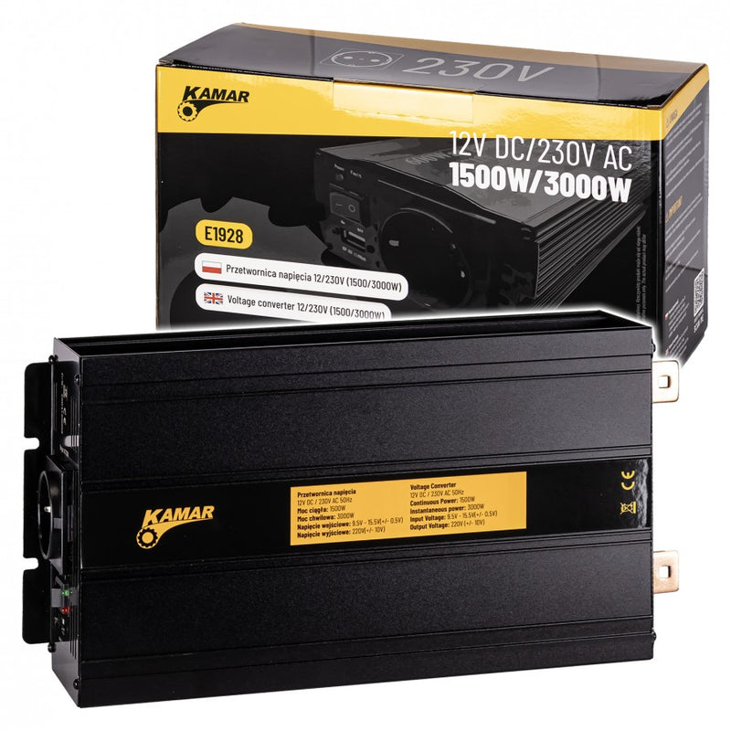 KAMAR sprieguma pārveidotājs 12V uz 230V, 1500W nepārtrauktā jauda, 3000W maksimālā jauda, efektivitāte >85%, akumulatora kabeļu komplekts, 2 gadu garantija