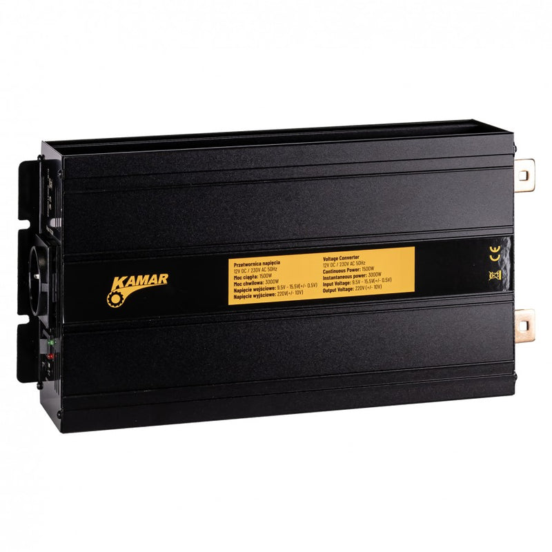 KAMAR sprieguma pārveidotājs 12V uz 230V, 1500W nepārtrauktā jauda, 3000W maksimālā jauda, efektivitāte >85%, akumulatora kabeļu komplekts, 2 gadu garantija
