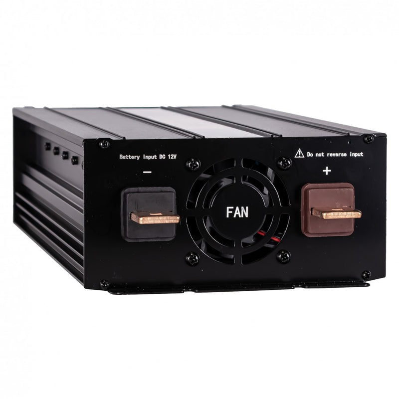 KAMAR sprieguma pārveidotājs 12V uz 230V, 1500W nepārtrauktā jauda, 3000W maksimālā jauda, efektivitāte >85%, akumulatora kabeļu komplekts, 2 gadu garantija