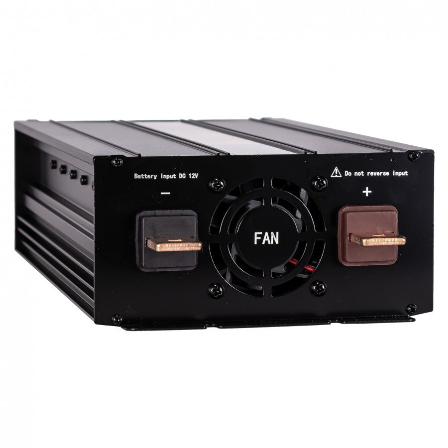 KAMAR sprieguma pārveidotājs 12V uz 230V, 1500W nepārtrauktā jauda, 3000W maksimālā jauda, efektivitāte >85%, akumulatora kabeļu komplekts, 2 gadu garantija