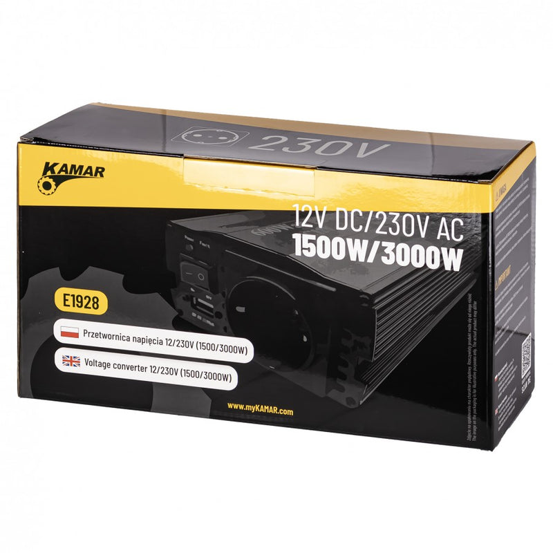 KAMAR sprieguma pārveidotājs 12V uz 230V, 1500W nepārtrauktā jauda, 3000W maksimālā jauda, efektivitāte >85%, akumulatora kabeļu komplekts, 2 gadu garantija