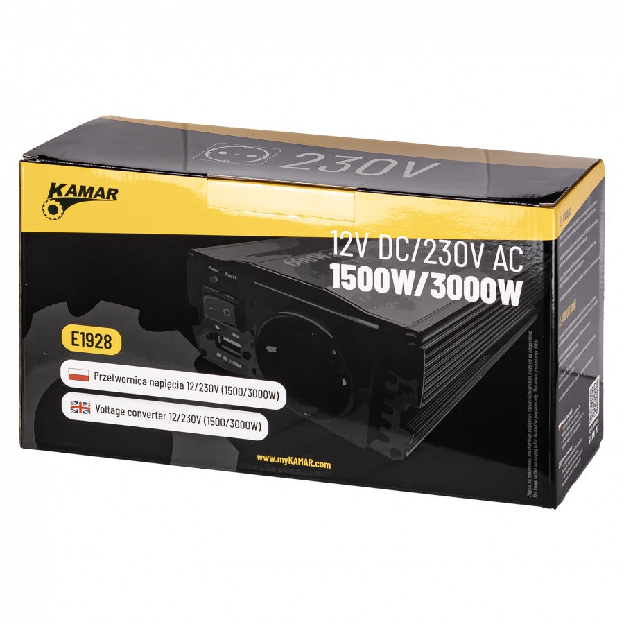 KAMAR sprieguma pārveidotājs 12V uz 230V, 1500W nepārtrauktā jauda, 3000W maksimālā jauda, efektivitāte >85%, akumulatora kabeļu komplekts, 2 gadu garantija