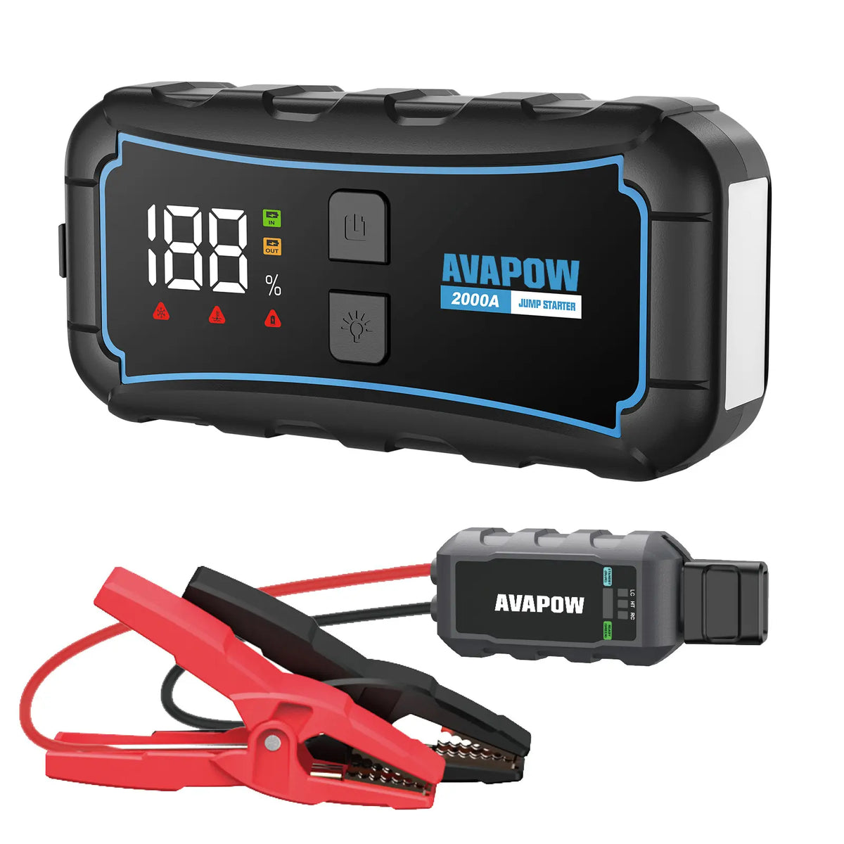 AVAPOW E5 PRO 12 V pārnēsājamais auto akumulatora starteris, 2000 A, 44,4 Wh, līdz 7 L benzīna un 4 L dīzeļdzinējiem, ar USB uzlādi un LED lukturi