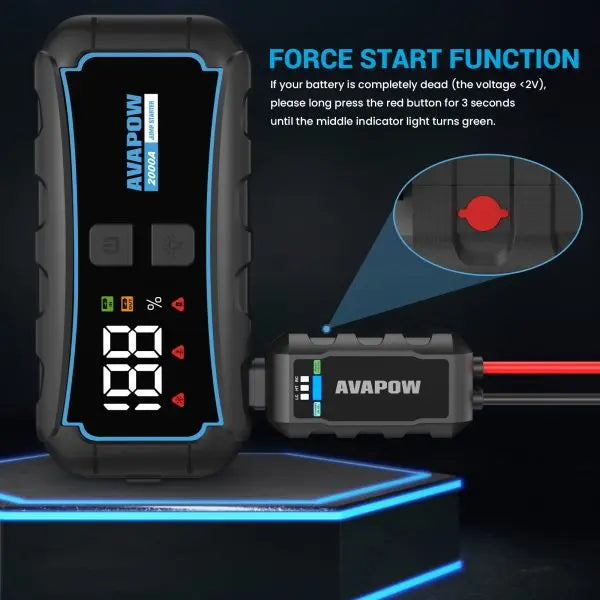 AVAPOW E5 PRO 12 V pārnēsājamais auto akumulatora starteris, 2000 A, 44,4 Wh, līdz 7 L benzīna un 4 L dīzeļdzinējiem, ar USB uzlādi un LED lukturi