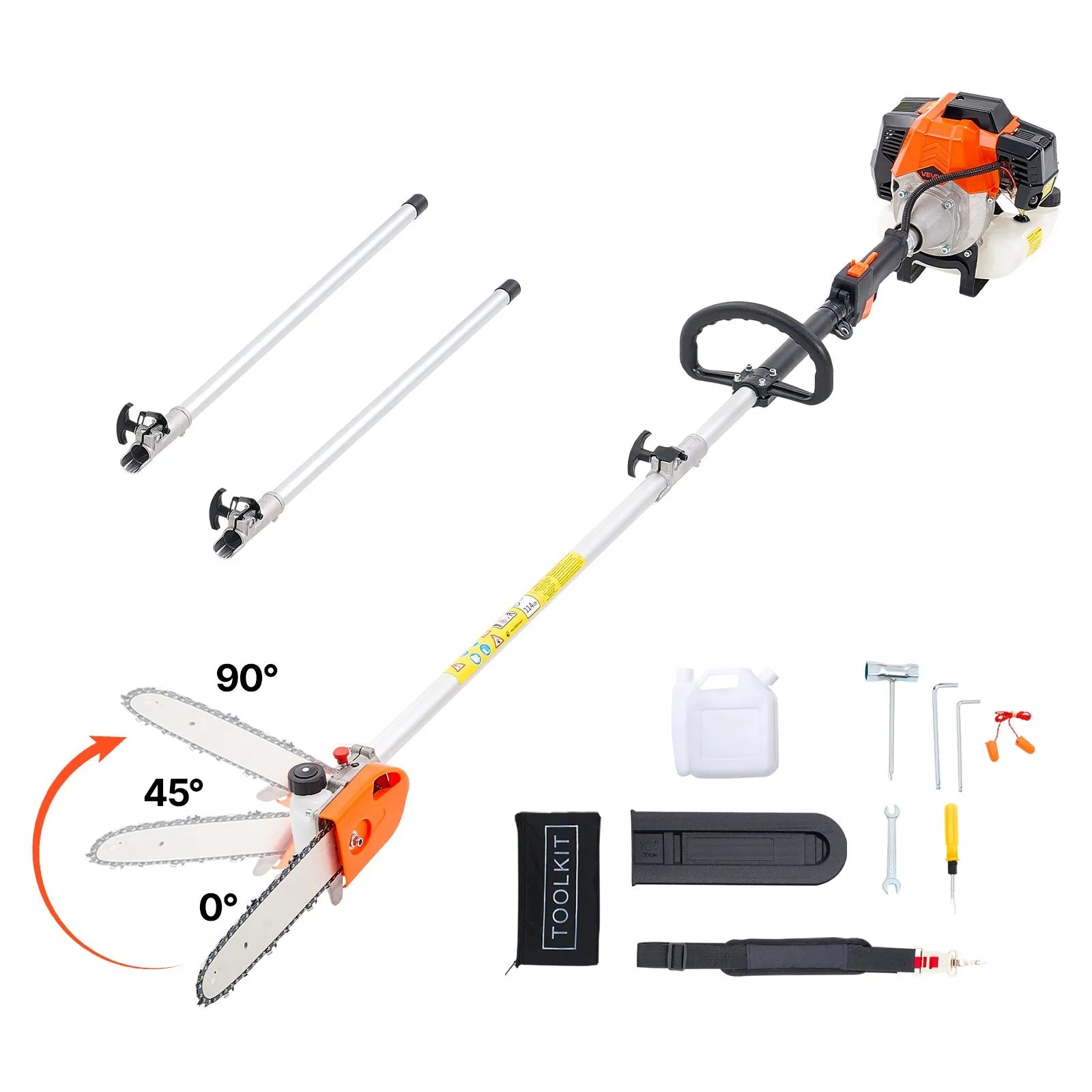 VEVOR benzīna teleskopiskais zaru zāģis ar 43 cm³ divtaktu dzinēju, 25,4 cm griešanas sliedi, rotējamu griešanas galvu un pagarinājumu no 2,1 līdz 3,6 m, jaudīgs bezvadu ķēdes zāģis koku apgriešanai un kopšanai
