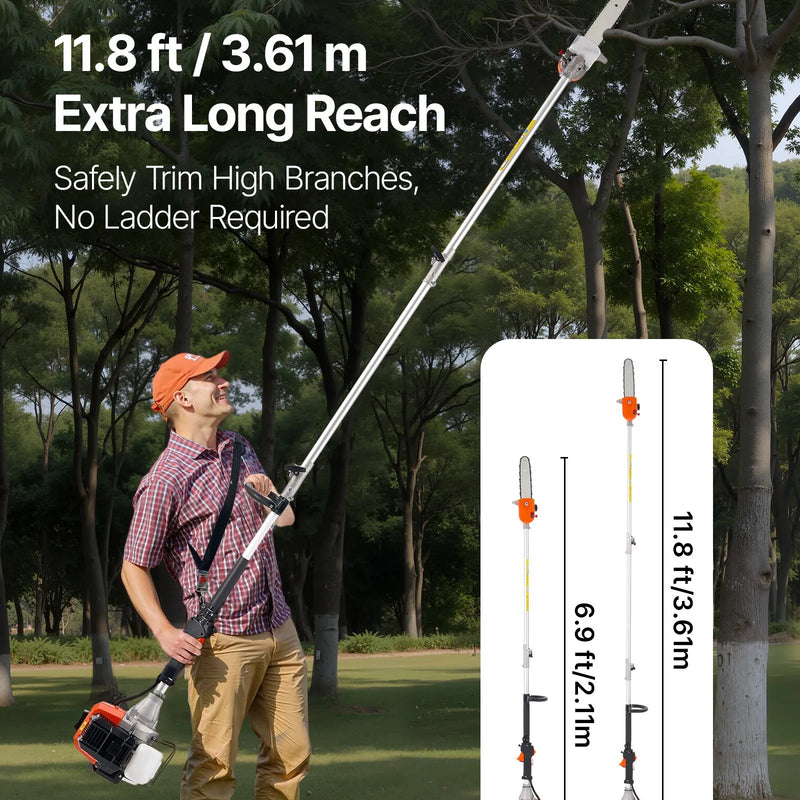 VEVOR benzīna teleskopiskais zaru zāģis ar 43 cm³ divtaktu dzinēju, 25,4 cm griešanas sliedi, rotējamu griešanas galvu un pagarinājumu no 2,1 līdz 3,6 m, jaudīgs bezvadu ķēdes zāģis koku apgriešanai un kopšanai