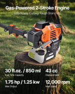 VEVOR benzīna teleskopiskais zaru zāģis ar 43 cm³ divtaktu dzinēju, 25,4 cm griešanas sliedi, rotējamu griešanas galvu un pagarinājumu no 2,1 līdz 3,6 m, jaudīgs bezvadu ķēdes zāģis koku apgriešanai un kopšanai