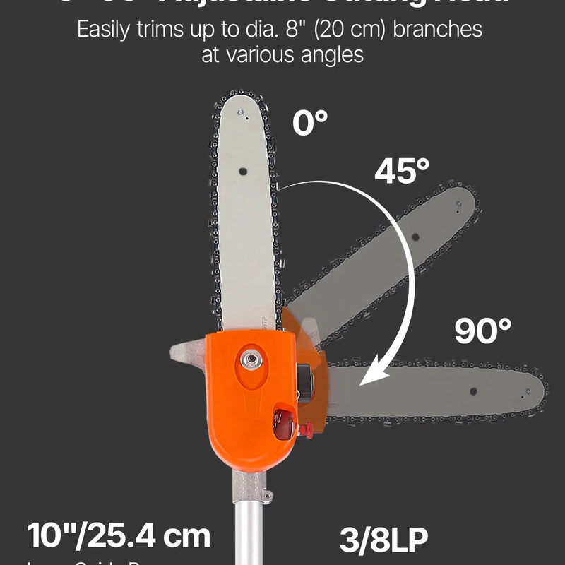 VEVOR benzīna teleskopiskais zaru zāģis ar 43 cm³ divtaktu dzinēju, 25,4 cm griešanas sliedi, rotējamu griešanas galvu un pagarinājumu no 2,1 līdz 3,6 m, jaudīgs bezvadu ķēdes zāģis koku apgriešanai un kopšanai