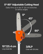 VEVOR benzīna teleskopiskais zaru zāģis ar 43 cm³ divtaktu dzinēju, 25,4 cm griešanas sliedi, rotējamu griešanas galvu un pagarinājumu no 2,1 līdz 3,6 m, jaudīgs bezvadu ķēdes zāģis koku apgriešanai un kopšanai