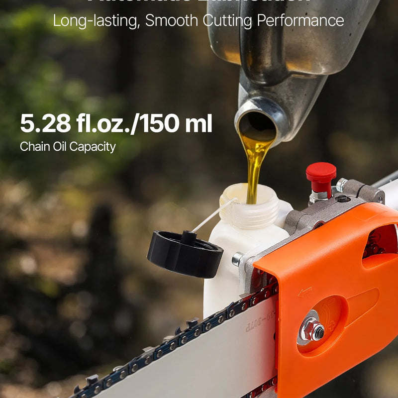 VEVOR benzīna teleskopiskais zaru zāģis ar 43 cm³ divtaktu dzinēju, 25,4 cm griešanas sliedi, rotējamu griešanas galvu un pagarinājumu no 2,1 līdz 3,6 m, jaudīgs bezvadu ķēdes zāģis koku apgriešanai un kopšanai