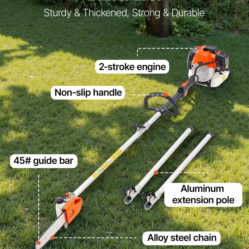 VEVOR benzīna teleskopiskais zaru zāģis ar 43 cm³ divtaktu dzinēju, 25,4 cm griešanas sliedi, rotējamu griešanas galvu un pagarinājumu no 2,1 līdz 3,6 m, jaudīgs bezvadu ķēdes zāģis koku apgriešanai un kopšanai