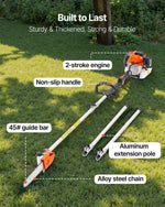 VEVOR benzīna teleskopiskais zaru zāģis ar 43 cm³ divtaktu dzinēju, 25,4 cm griešanas sliedi, rotējamu griešanas galvu un pagarinājumu no 2,1 līdz 3,6 m, jaudīgs bezvadu ķēdes zāģis koku apgriešanai un kopšanai