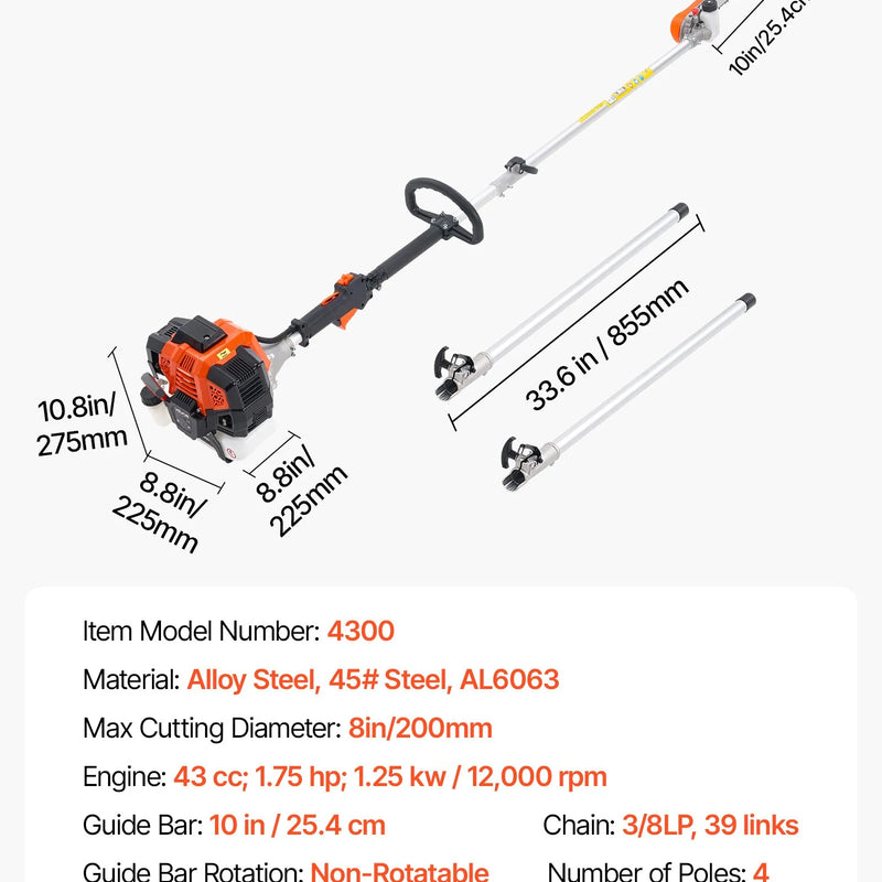 VEVOR benzīna teleskopiskais zaru zāģis ar 43 cm³ divtaktu dzinēju, 25,4 cm griešanas sliedi, rotējamu griešanas galvu un pagarinājumu no 2,1 līdz 3,6 m, jaudīgs bezvadu ķēdes zāģis koku apgriešanai un kopšanai