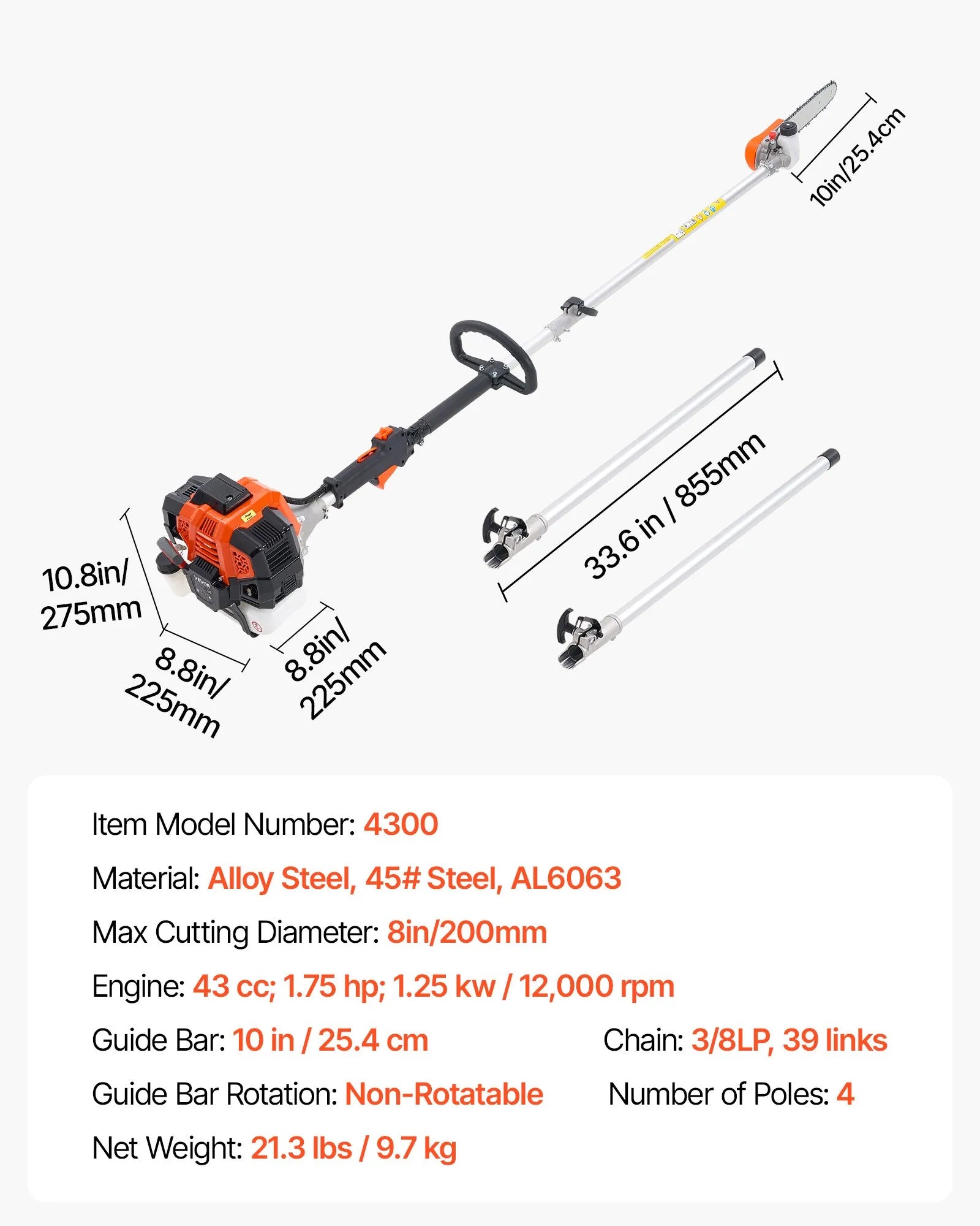 VEVOR benzīna teleskopiskais zaru zāģis ar 43 cm³ divtaktu dzinēju, 25,4 cm griešanas sliedi, rotējamu griešanas galvu un pagarinājumu no 2,1 līdz 3,6 m, jaudīgs bezvadu ķēdes zāģis koku apgriešanai un kopšanai