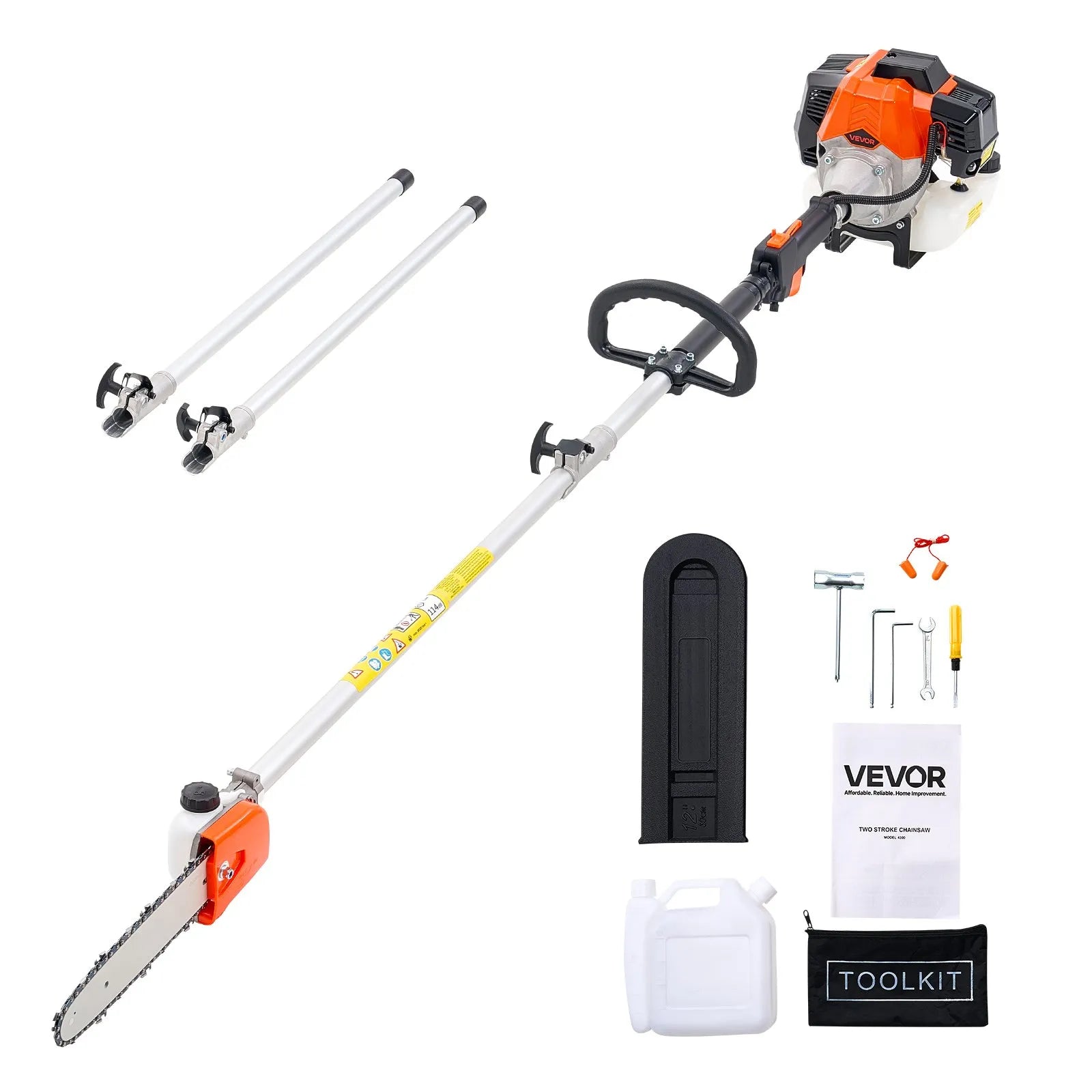 VEVOR benzīna teleskopiskais zaru zāģis ar 33 cm³ divtaktu dzinēju, 20,3 cm griešanas sliedi, 850 ml degvielas tvertni un pagarinājumu no 2,08 līdz 3,58 m, jaudīgs bezvadu ķēdes zāģis koku apgriešanai un kopšanai