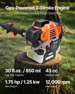 VEVOR benzīna teleskopiskais zaru zāģis ar 33 cm³ divtaktu dzinēju, 20,3 cm griešanas sliedi, 850 ml degvielas tvertni un pagarinājumu no 2,08 līdz 3,58 m, jaudīgs bezvadu ķēdes zāģis koku apgriešanai un kopšanai