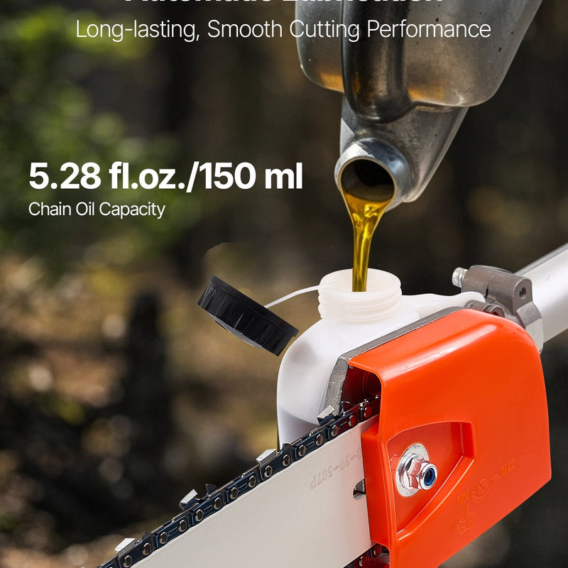 VEVOR benzīna teleskopiskais zaru zāģis ar 33 cm³ divtaktu dzinēju, 20,3 cm griešanas sliedi, 850 ml degvielas tvertni un pagarinājumu no 2,08 līdz 3,58 m, jaudīgs bezvadu ķēdes zāģis koku apgriešanai un kopšanai