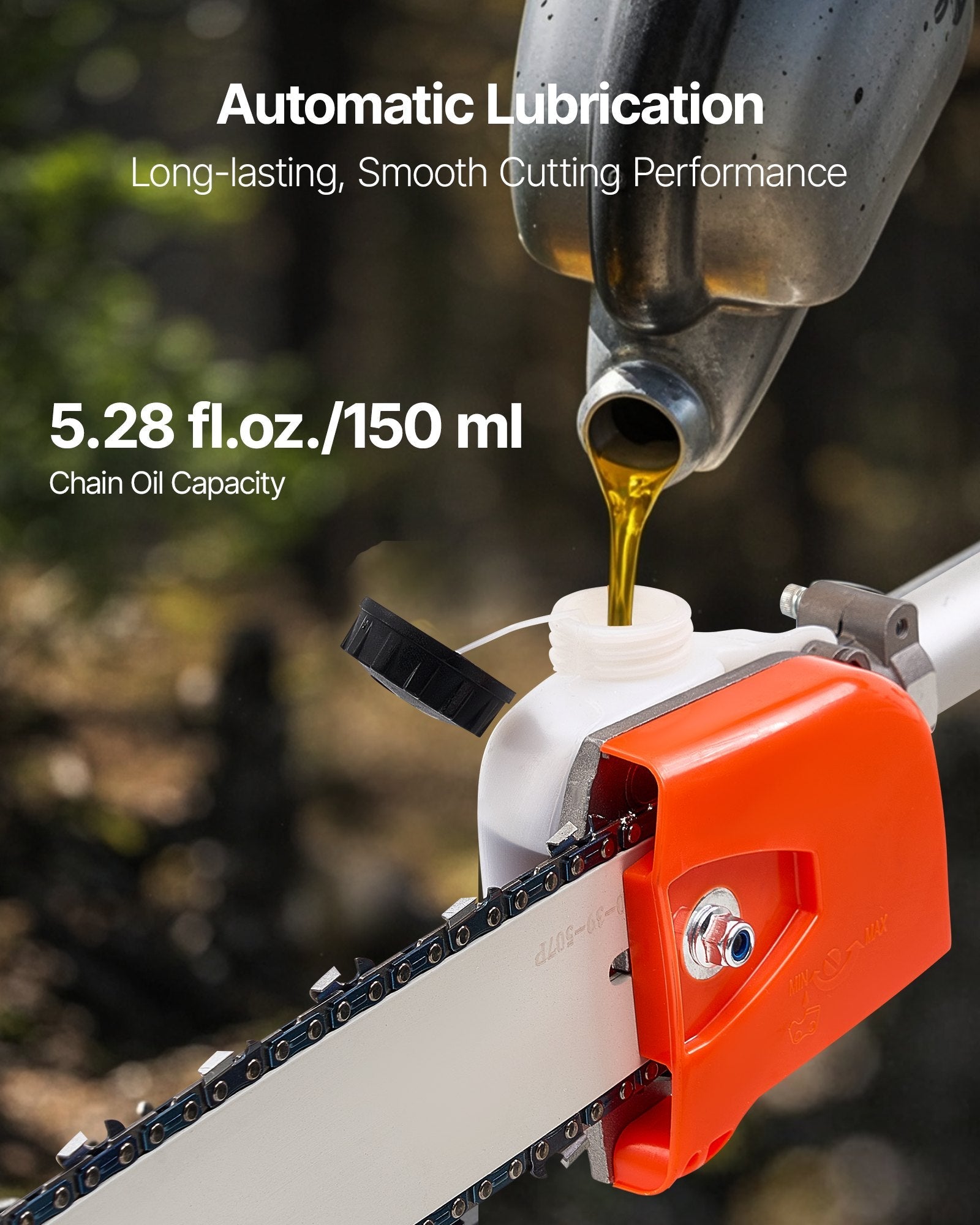 VEVOR benzīna teleskopiskais zaru zāģis ar 33 cm³ divtaktu dzinēju, 20,3 cm griešanas sliedi, 850 ml degvielas tvertni un pagarinājumu no 2,08 līdz 3,58 m, jaudīgs bezvadu ķēdes zāģis koku apgriešanai un kopšanai