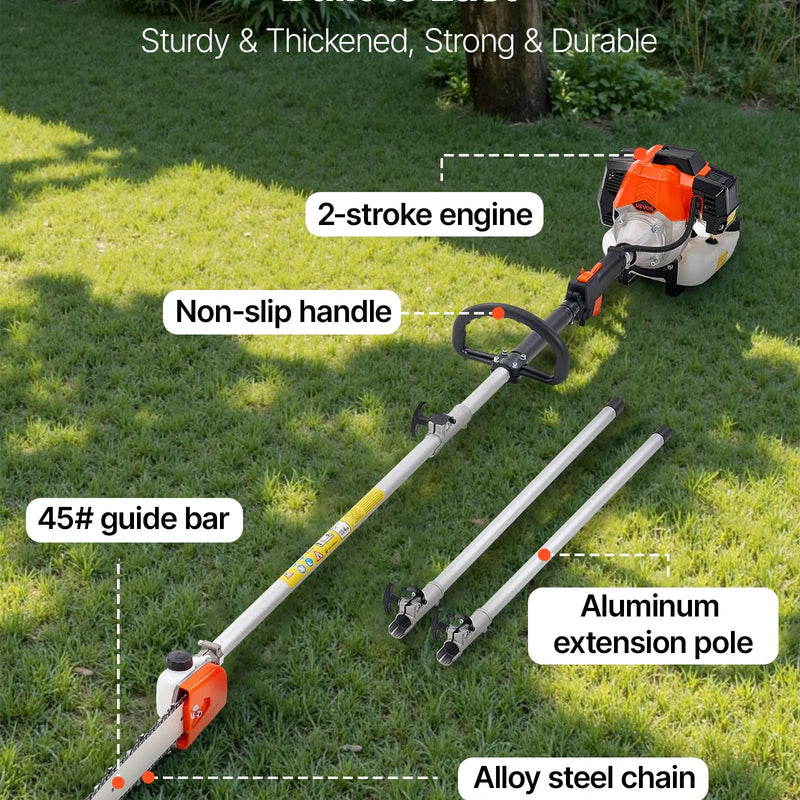 VEVOR benzīna teleskopiskais zaru zāģis ar 33 cm³ divtaktu dzinēju, 20,3 cm griešanas sliedi, 850 ml degvielas tvertni un pagarinājumu no 2,08 līdz 3,58 m, jaudīgs bezvadu ķēdes zāģis koku apgriešanai un kopšanai