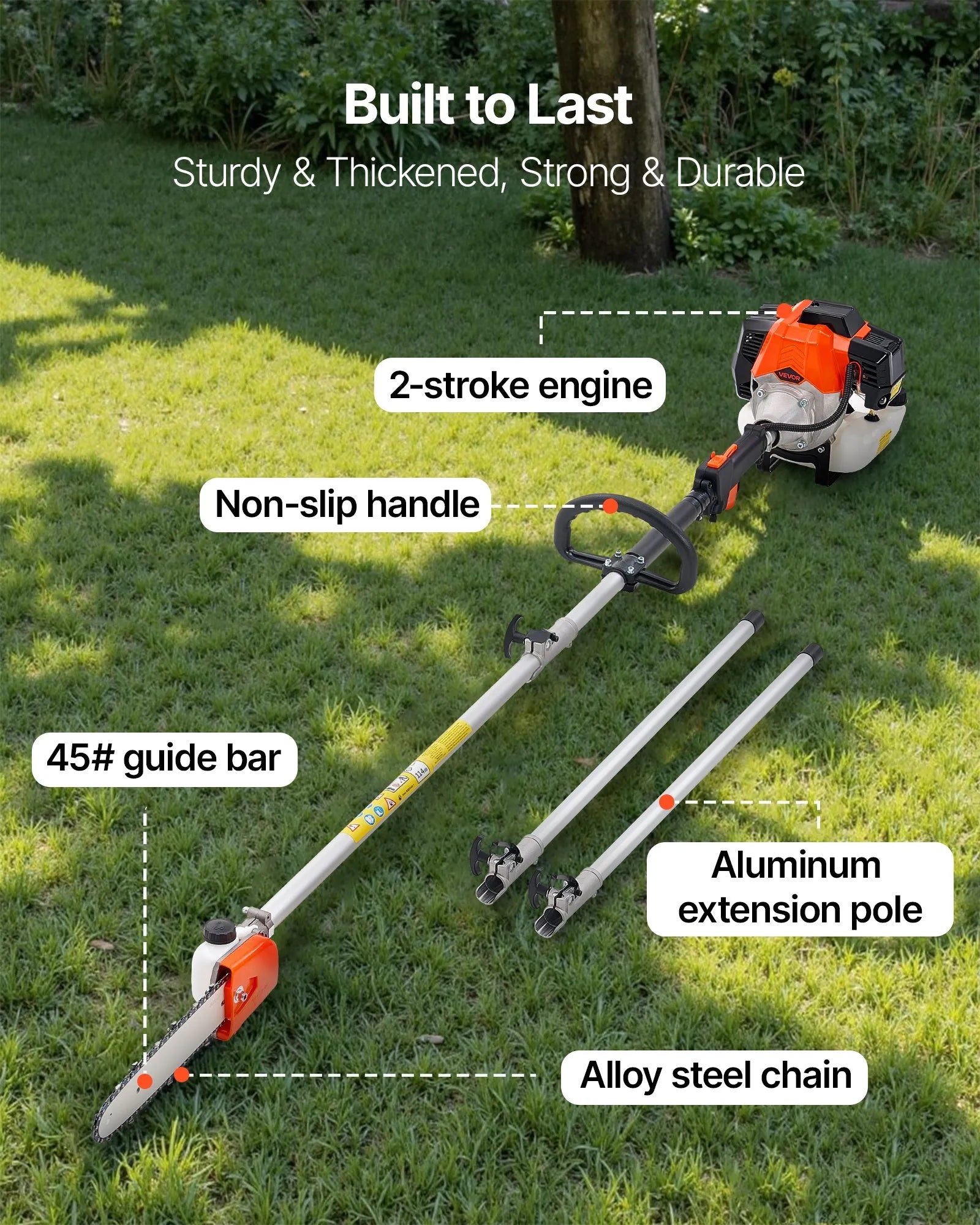 VEVOR benzīna teleskopiskais zaru zāģis ar 33 cm³ divtaktu dzinēju, 20,3 cm griešanas sliedi, 850 ml degvielas tvertni un pagarinājumu no 2,08 līdz 3,58 m, jaudīgs bezvadu ķēdes zāģis koku apgriešanai un kopšanai