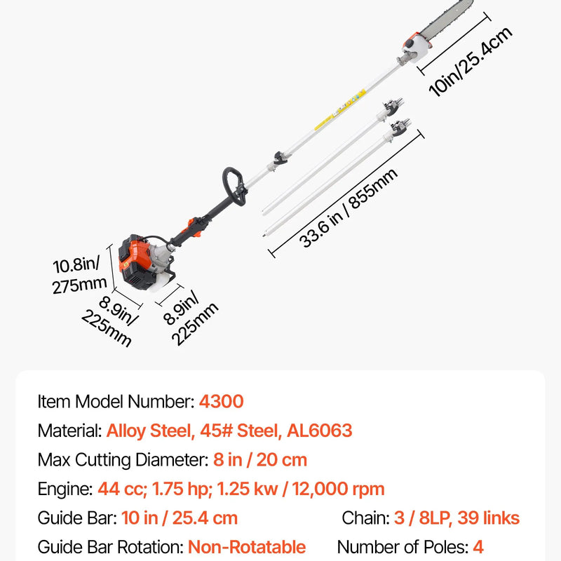 VEVOR benzīna teleskopiskais zaru zāģis ar 33 cm³ divtaktu dzinēju, 20,3 cm griešanas sliedi, 850 ml degvielas tvertni un pagarinājumu no 2,08 līdz 3,58 m, jaudīgs bezvadu ķēdes zāģis koku apgriešanai un kopšanai