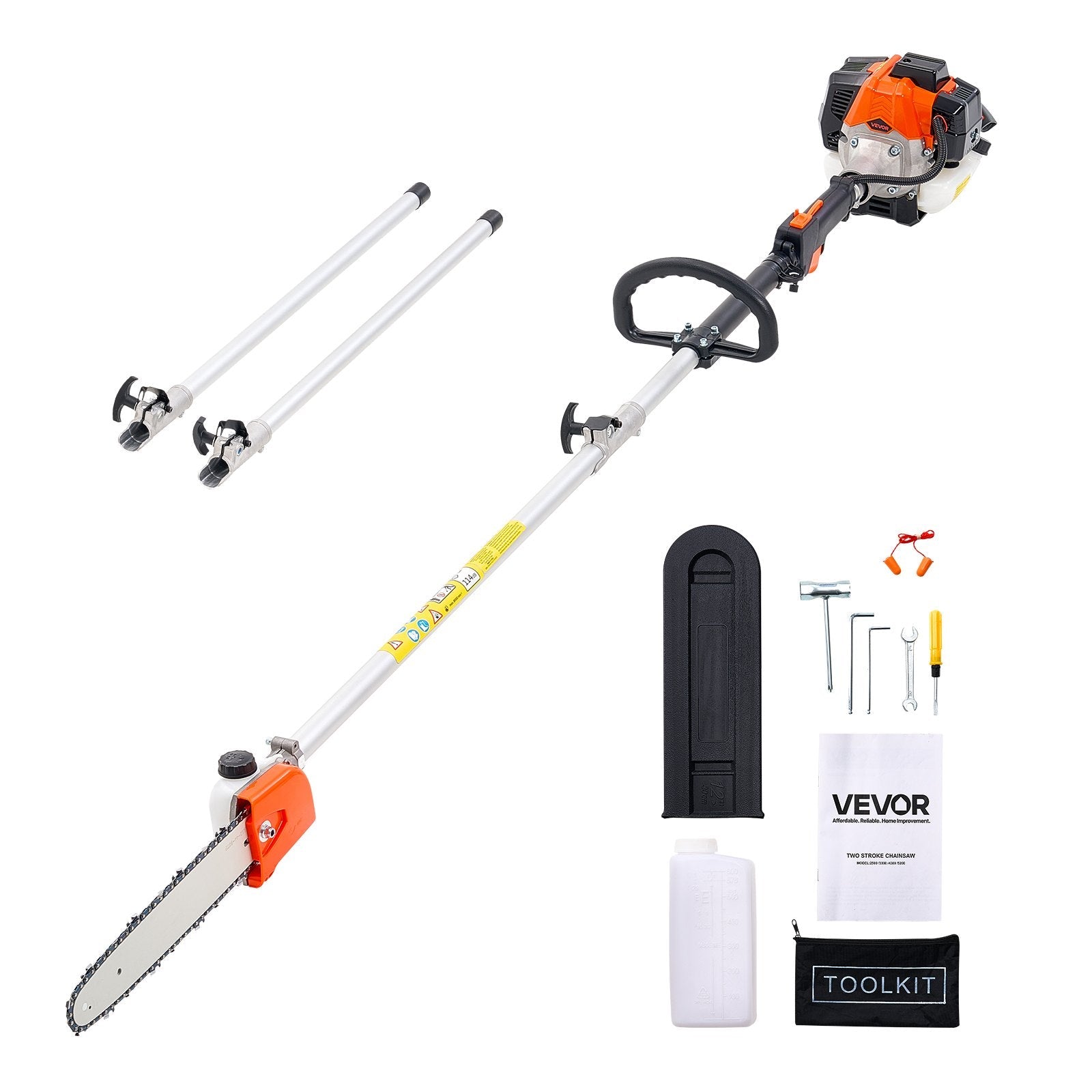 VEVOR benzīna teleskopiskais zaru zāģis ar 25 cm³ divtaktu dzinēju, 30,5 cm griešanas sliedi, 650 ml degvielas tvertni un pagarinājumu no 2,12 līdz 3,62 m, jaudīgs bezvadu ķēdes zāģis koku apgriešanai un kopšanai