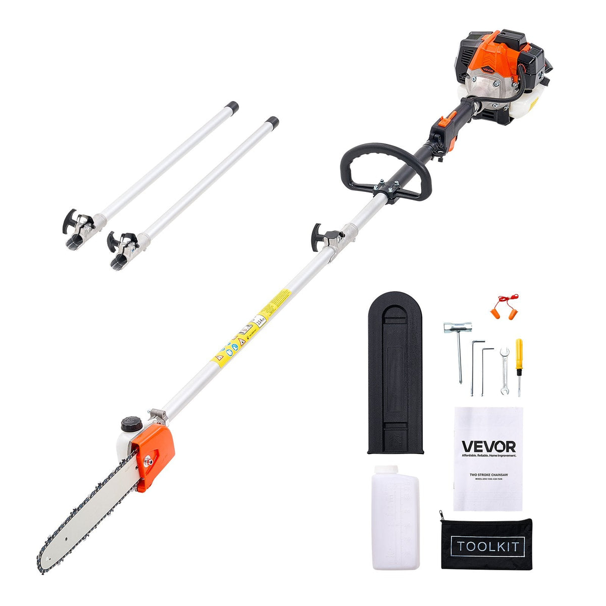 VEVOR benzīna teleskopiskais zaru zāģis ar 25 cm³ divtaktu dzinēju, 30,5 cm griešanas sliedi, 650 ml degvielas tvertni un pagarinājumu no 2,12 līdz 3,62 m, jaudīgs bezvadu ķēdes zāģis koku apgriešanai un kopšanai