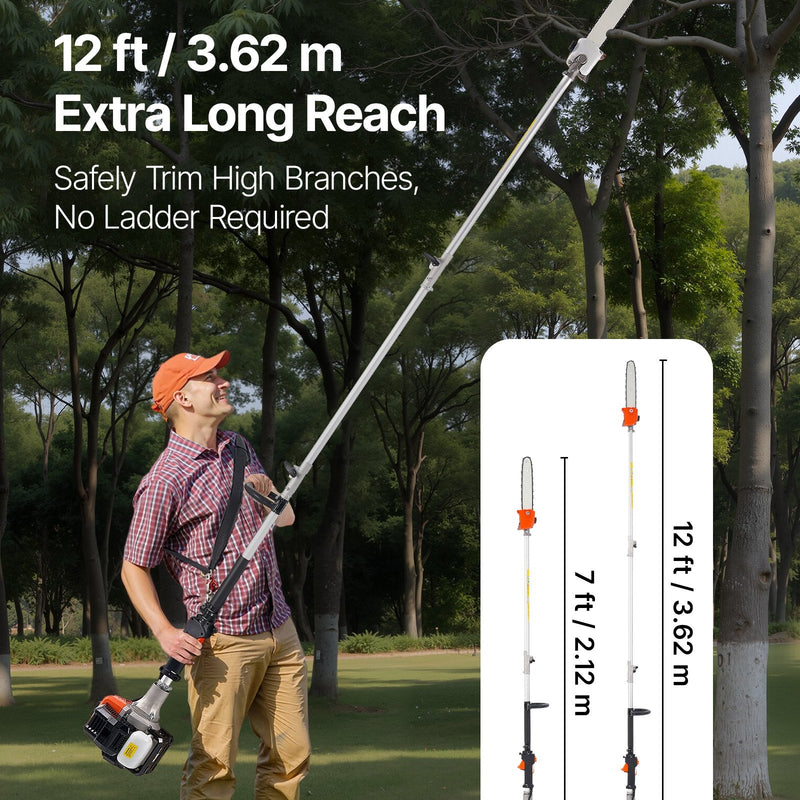 VEVOR benzīna teleskopiskais zaru zāģis ar 25 cm³ divtaktu dzinēju, 30,5 cm griešanas sliedi, 650 ml degvielas tvertni un pagarinājumu no 2,12 līdz 3,62 m, jaudīgs bezvadu ķēdes zāģis koku apgriešanai un kopšanai