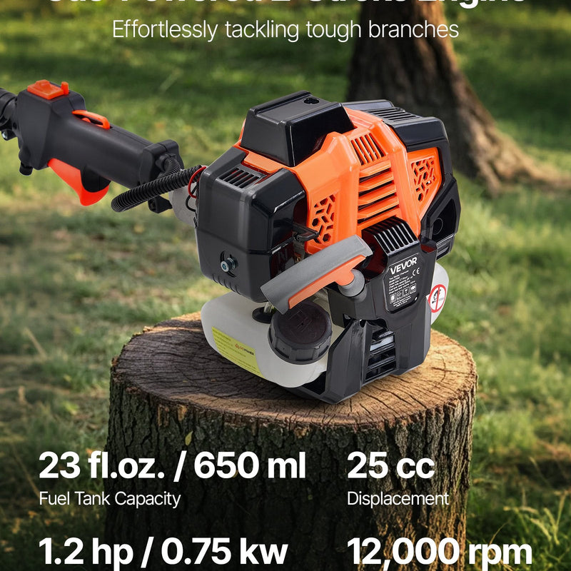 VEVOR benzīna teleskopiskais zaru zāģis ar 25 cm³ divtaktu dzinēju, 30,5 cm griešanas sliedi, 650 ml degvielas tvertni un pagarinājumu no 2,12 līdz 3,62 m, jaudīgs bezvadu ķēdes zāģis koku apgriešanai un kopšanai