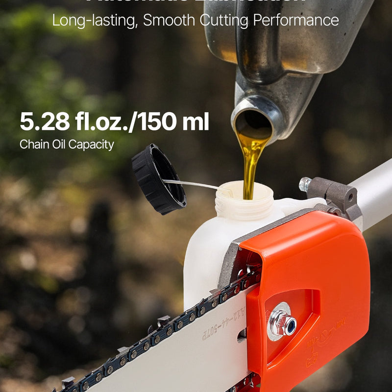 VEVOR benzīna teleskopiskais zaru zāģis ar 25 cm³ divtaktu dzinēju, 30,5 cm griešanas sliedi, 650 ml degvielas tvertni un pagarinājumu no 2,12 līdz 3,62 m, jaudīgs bezvadu ķēdes zāģis koku apgriešanai un kopšanai