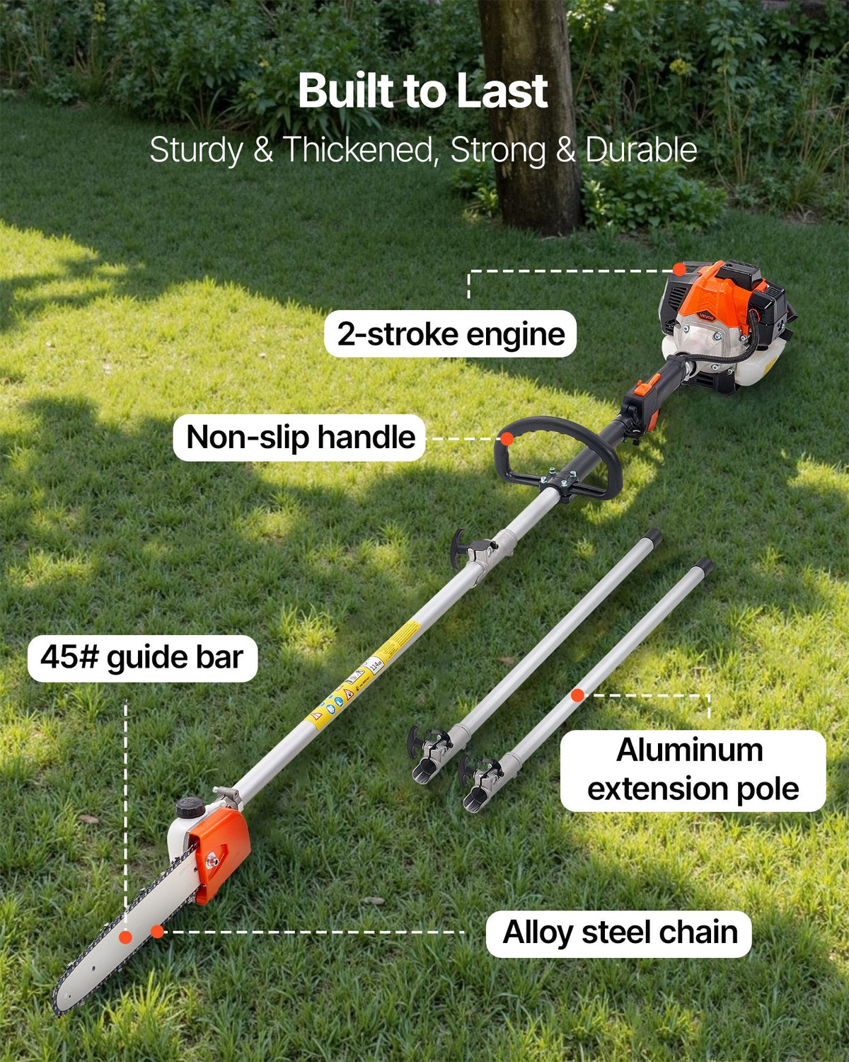 VEVOR benzīna teleskopiskais zaru zāģis ar 25 cm³ divtaktu dzinēju, 30,5 cm griešanas sliedi, 650 ml degvielas tvertni un pagarinājumu no 2,12 līdz 3,62 m, jaudīgs bezvadu ķēdes zāģis koku apgriešanai un kopšanai