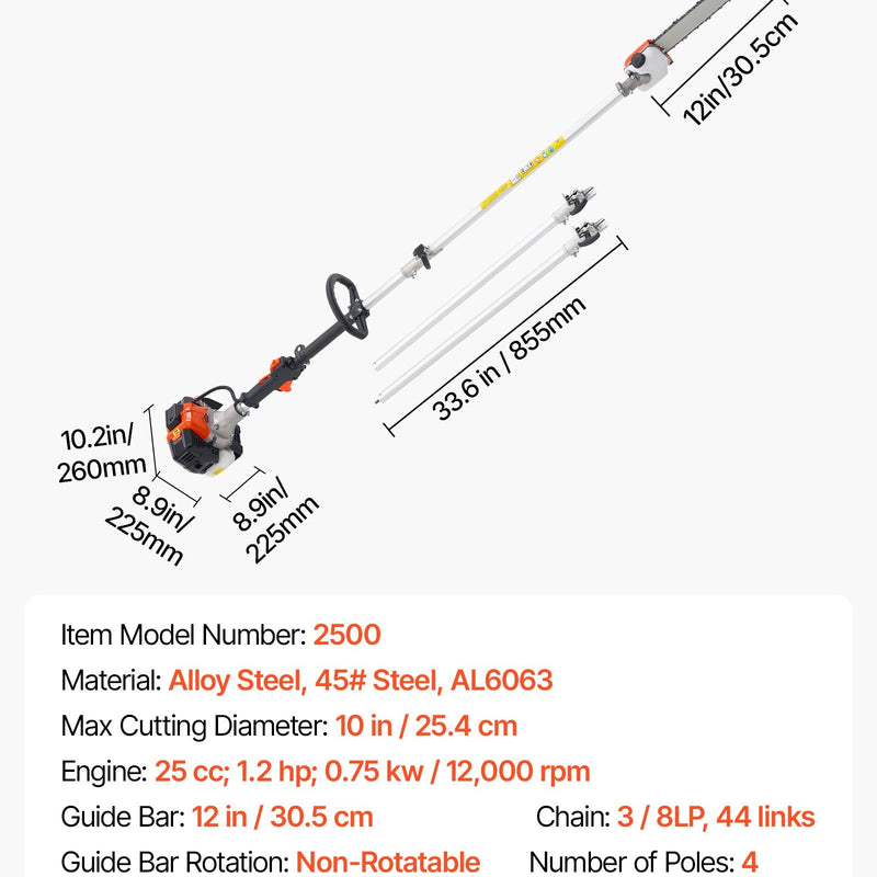 VEVOR benzīna teleskopiskais zaru zāģis ar 25 cm³ divtaktu dzinēju, 30,5 cm griešanas sliedi, 650 ml degvielas tvertni un pagarinājumu no 2,12 līdz 3,62 m, jaudīgs bezvadu ķēdes zāģis koku apgriešanai un kopšanai