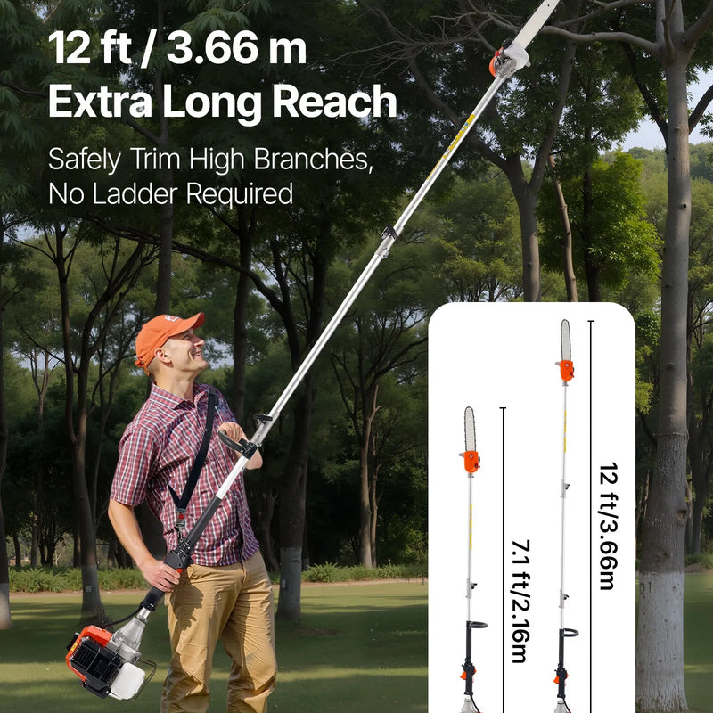 VEVOR benzīna teleskopiskais zaru zāģis ar 43 cm³ divtaktu dzinēju, 30,5 cm griešanas sliedi, rotējamu griešanas galvu un pagarinājumu no 2,16 līdz 3,66 m, jaudīgs bezvadu ķēdes zāģis koku apgriešanai un kopšanai