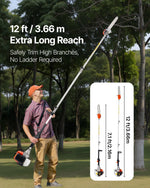 VEVOR benzīna teleskopiskais zaru zāģis ar 43 cm³ divtaktu dzinēju, 30,5 cm griešanas sliedi, rotējamu griešanas galvu un pagarinājumu no 2,16 līdz 3,66 m, jaudīgs bezvadu ķēdes zāģis koku apgriešanai un kopšanai