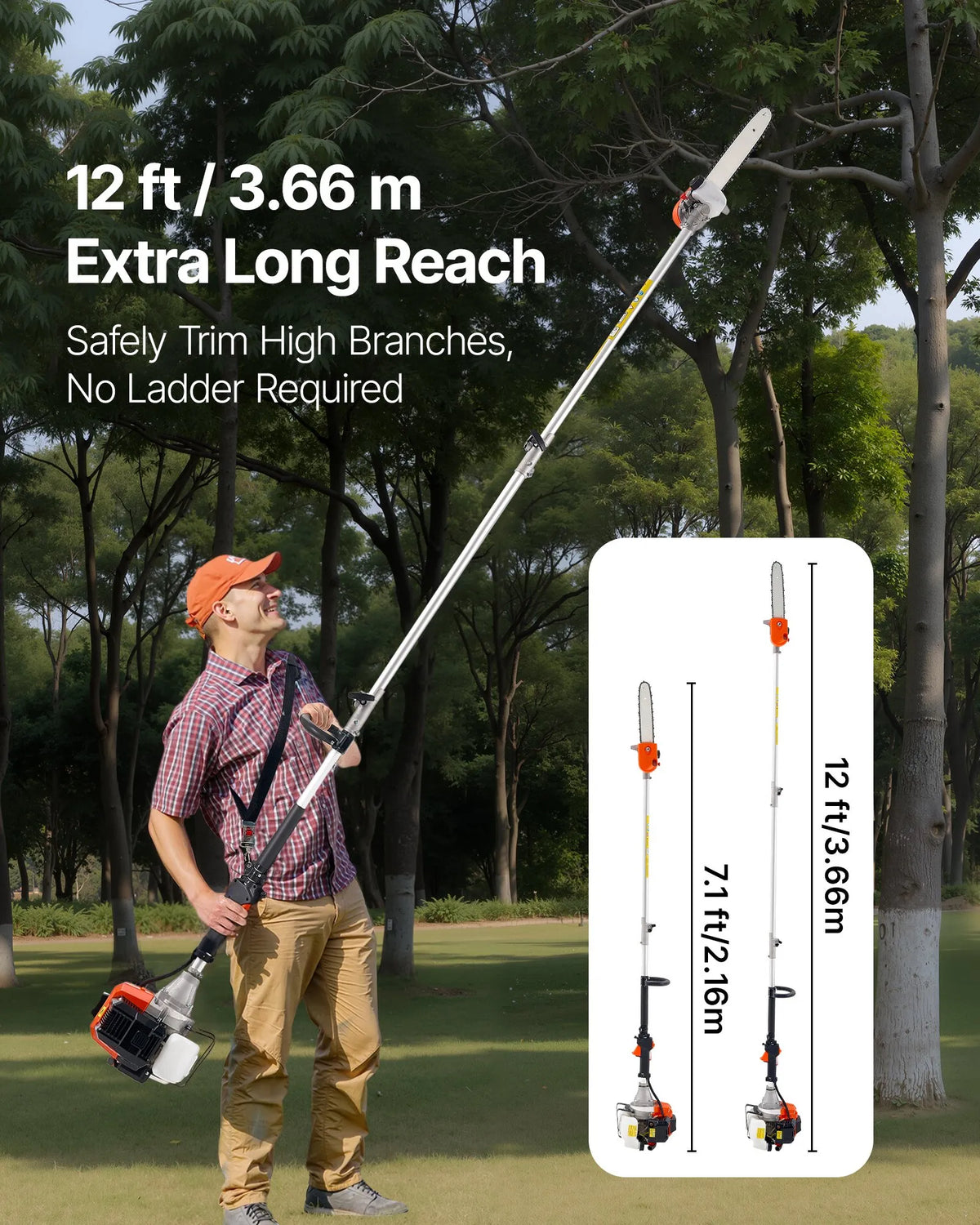 VEVOR benzīna teleskopiskais zaru zāģis ar 43 cm³ divtaktu dzinēju, 30,5 cm griešanas sliedi, rotējamu griešanas galvu un pagarinājumu no 2,16 līdz 3,66 m, jaudīgs bezvadu ķēdes zāģis koku apgriešanai un kopšanai